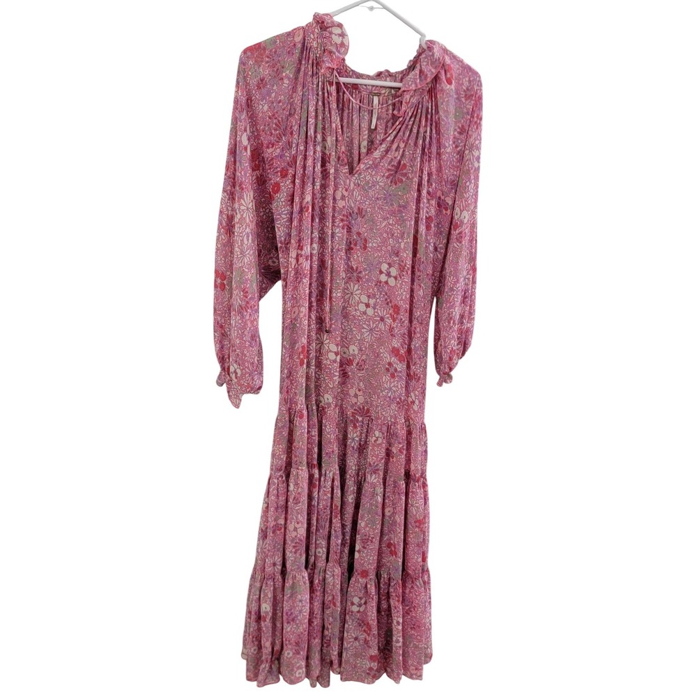Free People Feeling Groovy Maxi Dress Womens Small Pink Floral Chiffon Ruffle